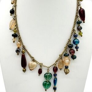 Vintage Art Glass Charm Necklace Heart Bead Dangle Boho Festival Statement